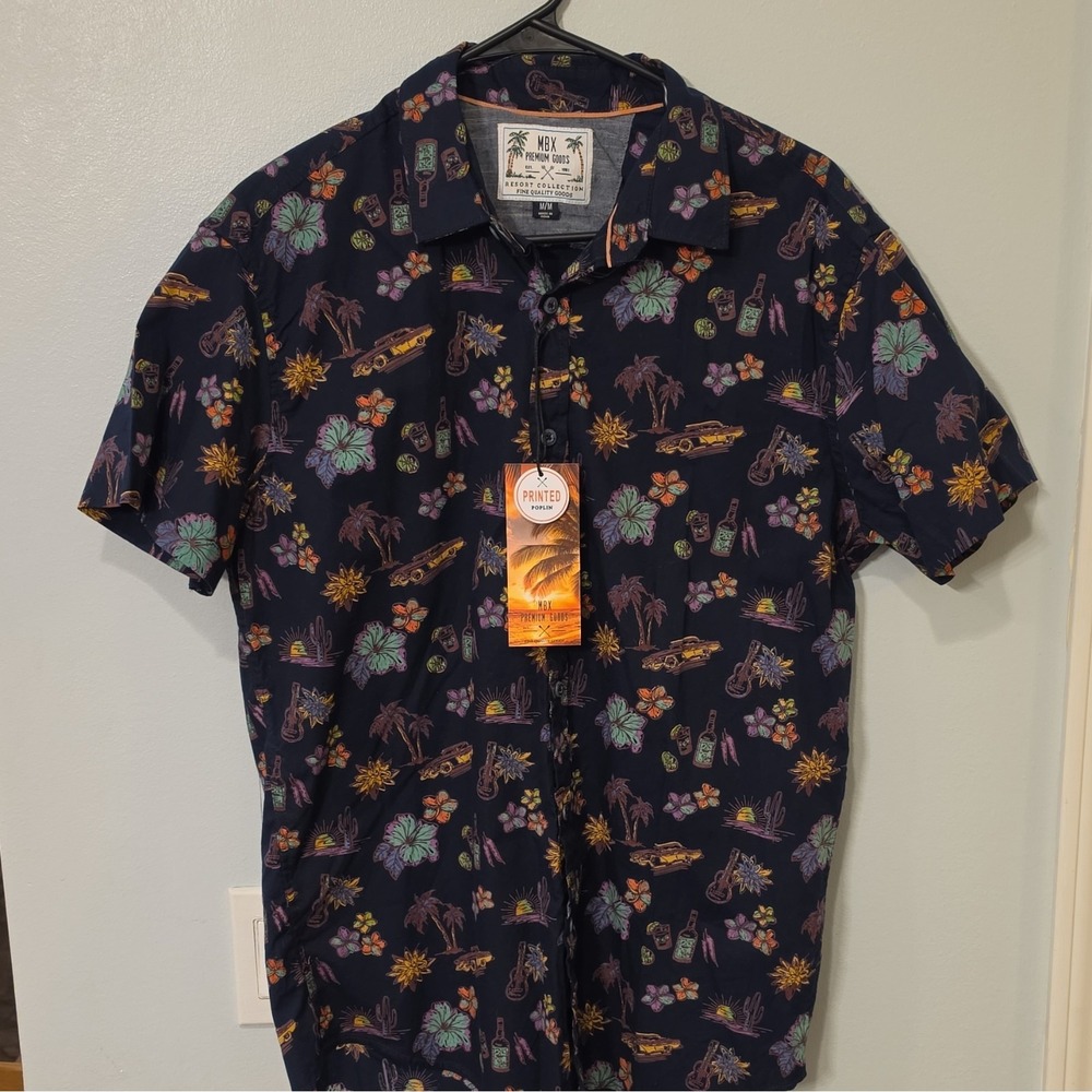 MBX Resort Collection Men's Cotton Button-Up Tropical Floral M Navy #266 - Picture 2 of 9